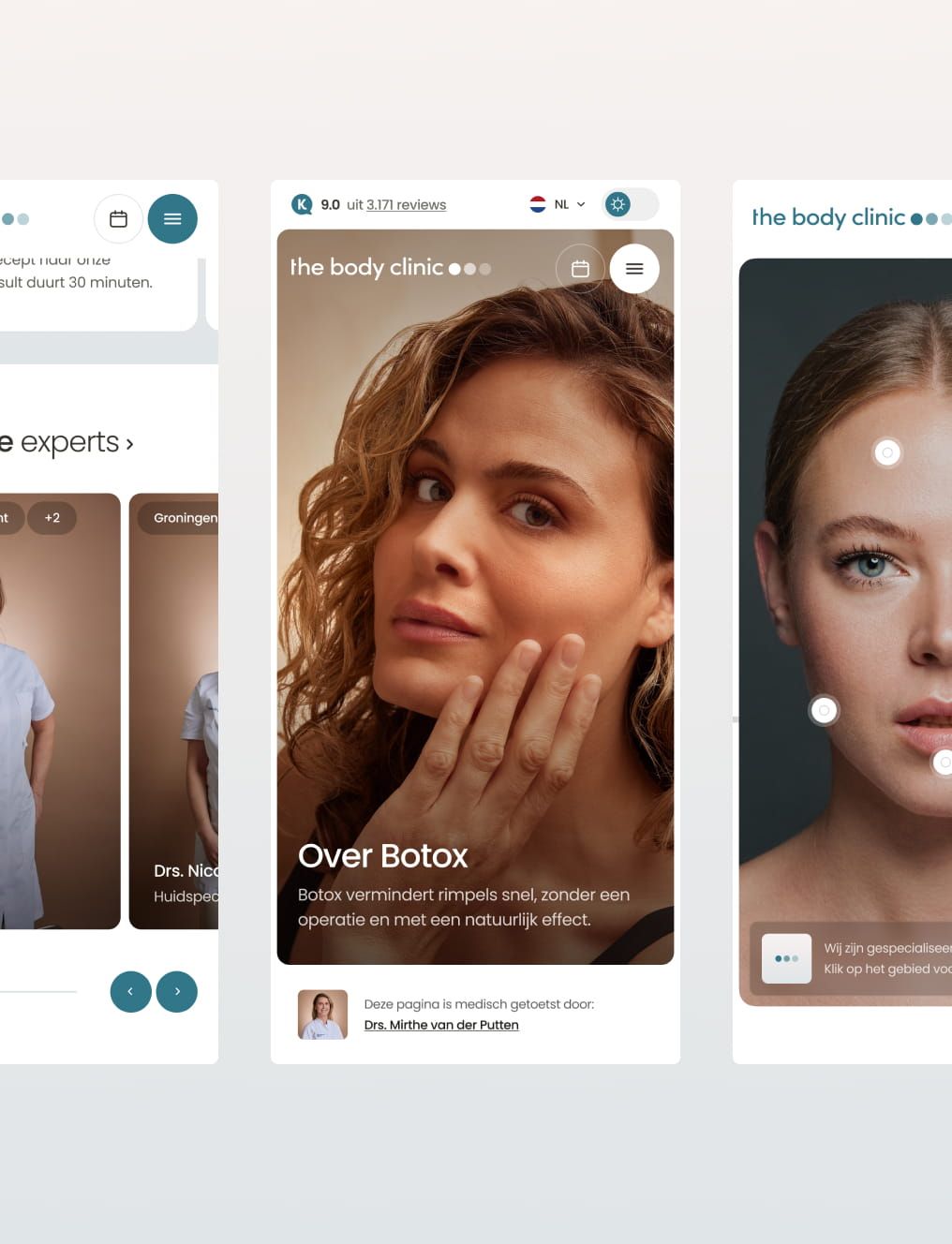 The Body Clinic: mobiele schermen van de website